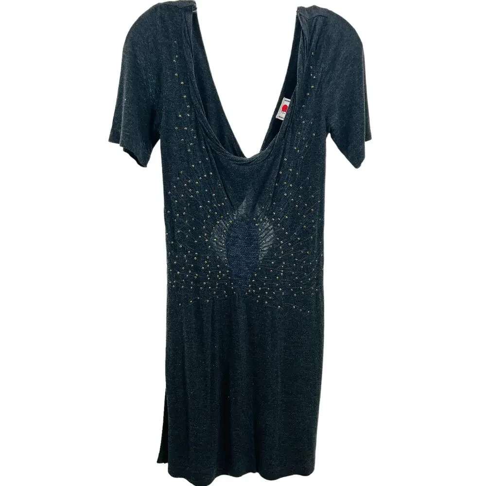 Free People Dark Gray V-Neck Knit Studs Short Sleeve Boho Shift Dress Women - Picture 2 of 10